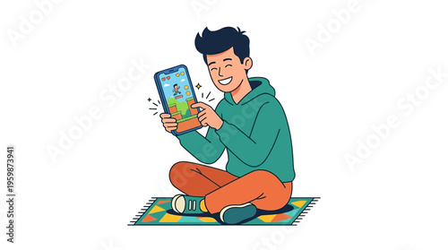 Young man happily using a tablet computer.