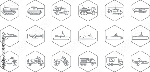 A collection of black line art icons depicting various military and civilian transportation vehicles such as tanks aircraft and motorcycles set against a white background.