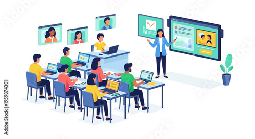 Hybrid Learning Classroom: Blended Education and Corporate Training with Teacher, Students, Laptops, and Video Conference E-learning Technology.