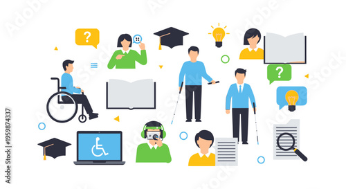 Inclusive Education, Disability Support, and Accessible Learning Vector Illustration Set. Students with Special Needs, Braille, Wheelchair, and Assistive Technology.