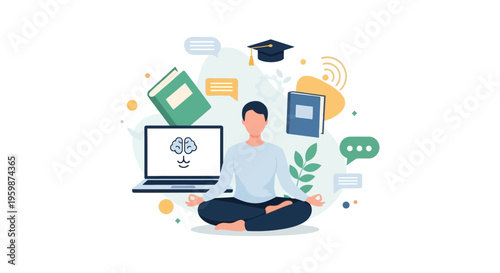 Online Education and Focus Concept. Student Meditating for Cognitive Development, E-learning, Knowledge Acquisition, and Digital Study.