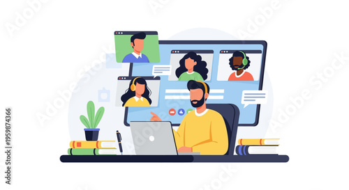 Online Video Conference Call and Virtual Meeting. Remote Working Man Leading a Webinar or E-Learning Class with Diverse Participants on Laptop Screen.