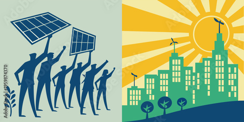 A vector graphic illustration of people holding solar panels and a cityscape with renewable energy sources