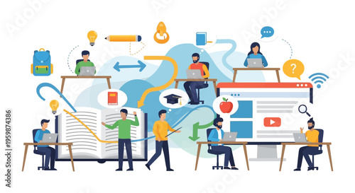 Online E-learning and Remote Education Concept. Digital Classroom, Blended Learning, and Knowledge Exchange for Students and Mentors Vector Illustration.