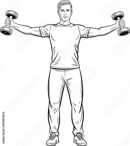 Man doing dumbbell lateral raise exercise illustration fitness training workout strength gym routine upper body practice, vector illustration