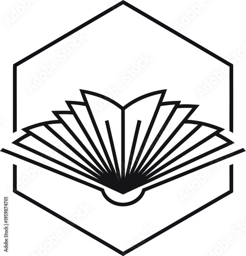 Minimalist line art illustration featuring an open book with fanned pages, symbolizing education, knowledge, and literature, elegantly framed within a clean hexagonal shape vector logo design.