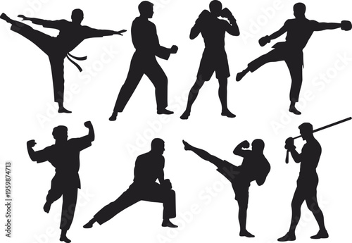 Martial arts fighters silhouettes collection with kicking punching boxing combat training poses strength discipline action sports set, vector illustration isolated