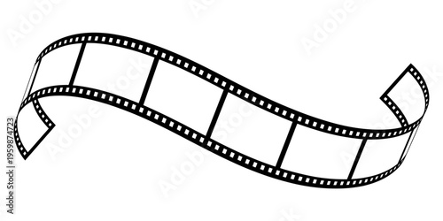 A black and white vector illustration of a blank cinematic film strip curved on a white background Vector, illustration