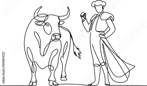 Matador and bull continuous line art illustration Spanish bullfighting tradition cultural performance arena concept elegant minimal design, vector illustration