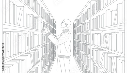 A studious young man wearing glasses stands intently in a library aisle, carefully searching for and selecting a particular book from the towering shelves filled with countless volumes.