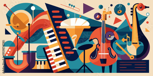 Jazz music background poster band instrument concert piano art abstract. Background jazz saxophone music flyer illustration design party festival singer orchestra player musician fest banner