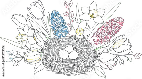 Beautiful hand-drawn illustration of a bird's nest with three eggs, surrounded by vibrant spring flowers including tulips, daffodils, and hyacinths, symbolizing Easter and new beginnings.