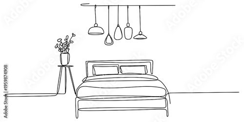 Minimalist continuous line drawing of a modern bedroom interior with hanging pendant lights above Vector, illustration