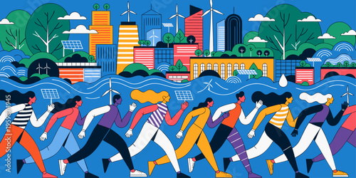 A vibrant illustration of diverse people running together in a cityscape with sustainable architecture and renewable energy sources