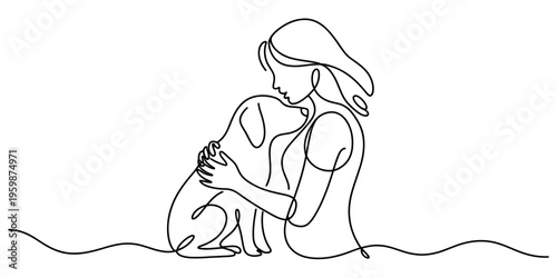 A beautiful continuous line drawing of a young woman tenderly embracing her loyal pet dog friend Vector, illustration