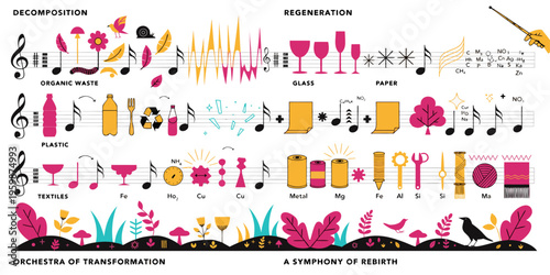 A colorful vector graphic illustrating the transformation of waste into new resources through a musical symphony