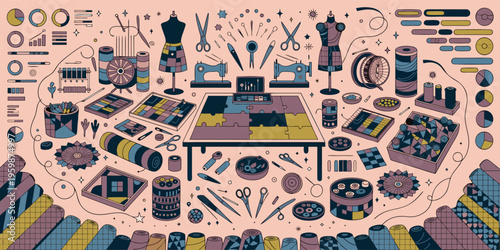 A colorful illustration of sewing and crafting tools arranged in a creative workspace with various objects and supplies.