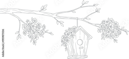 A detailed line art illustration featuring a charming birdhouse hanging gracefully from a spring cherry blossom tree branch, perfect for coloring book designs.