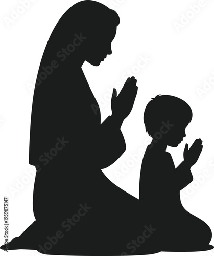 Mother and child praying silhouette kneeling together spiritual devotion faith family worship peaceful moment concept, cad drawing flat vector illustration