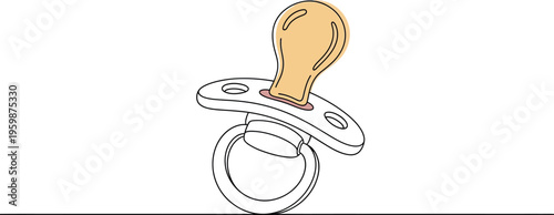 Simple continuous line art drawing featuring a stylized baby pacifier with soft pastel coloring resting on a horizontal line.