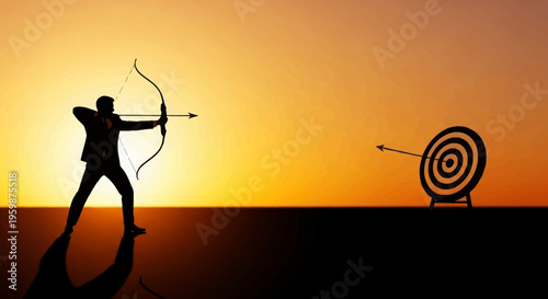 Silhouette of Archer Aiming Bow and Arrow at Target During Sunset