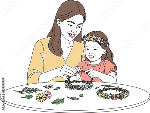 Mother and daughter cheerfully crafting beautiful floral wreaths together at a table for a fun springtime activity