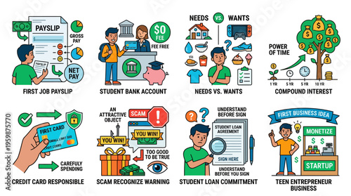 Teen financial literacy and money management education infographic icons