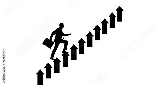 Silhouette of businessman climbing stairs made of upward arrows, symbolizing career growth and success