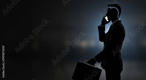 Silhouette of businessman on phone with glowing brain, carrying briefcase in dark