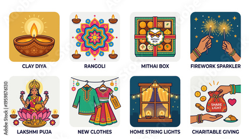 Diwali festival icon set with diya, rangoli, mithai, and lakshmi