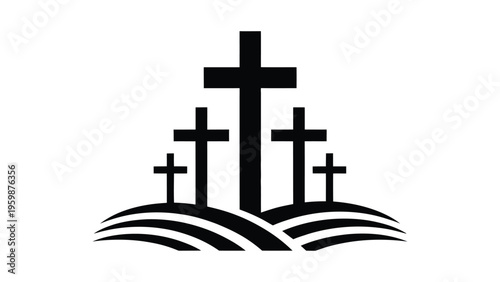 Christian cross silhouette illustration with three crosses on hill religious faith resurrection easter concept minimal black and white design