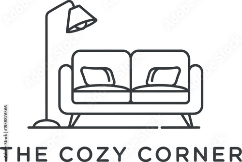 A simple line art illustration depicting a comfortable two-seater sofa with cushions and a floor lamp, embodying the concept of a cozy corner for relaxation and home comfort.