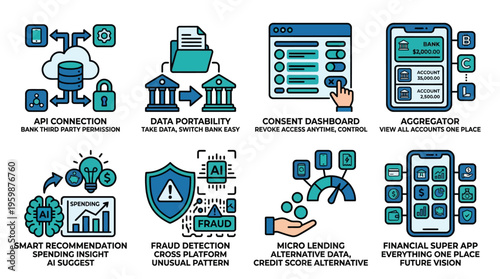 Open banking fintech service icons for mobile app interface design