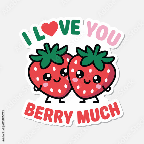Cute strawberry love stickers, Valentine's Day vector graphics, sweetheart fruit icons, romantic expressions