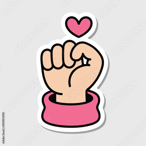 Fist with heart sticker, protest symbol, raised hand icon, pink sleeve