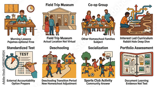 Homeschooling Education Concepts Infographic with Learning Methods and Activities