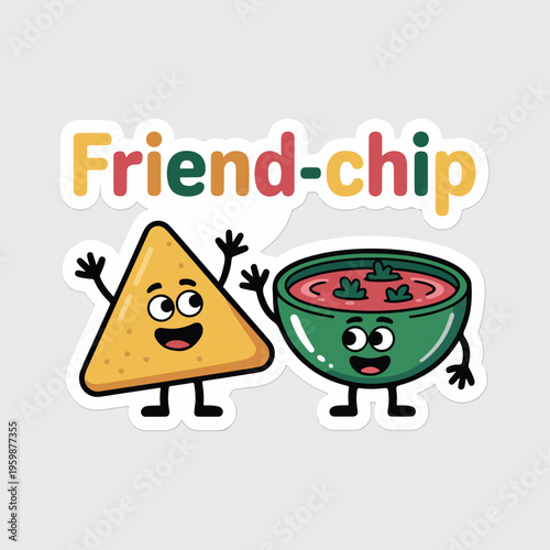 Friend-chip pun sticker with cute tortilla chip and salsa characters, funny food pun vector illustration, happy snack duo cartoon