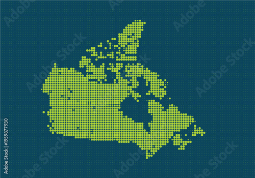 Digital pixel art map of canada with green dots on a blue background, representing the countrys geographic outline in a modern style