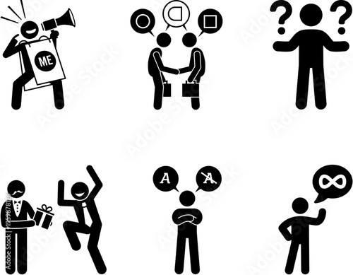 A collection of stick figures illustrating various human interactions, emotions, and concepts like communication, confusion, celebration, and infinite ideas.