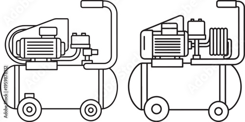 Air Compressor Icons: Two Portable Compressors with Tanks and Handles with Air Tool
