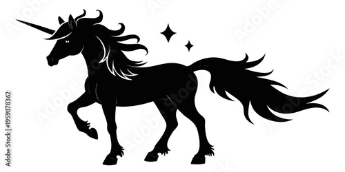 Black shape silhouette of the magical unicorn on the white background