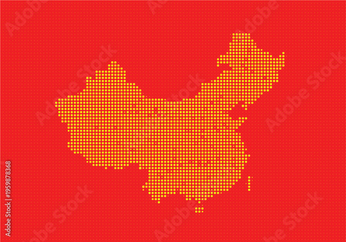 Digital pixel art map of china made with yellow dots on a red background representing the countrys outline