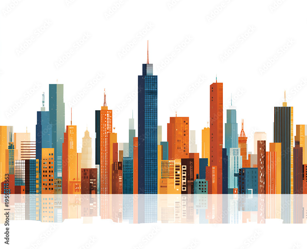 Obraz premium A vibrant, stylized illustration of a city skyline with buildings of varying heights and colors, reflected in the water