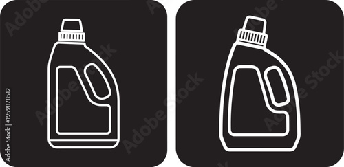 Outline icons of detergent bottles, representing cleaning products, laundry, and household chemicals. Simple graphic symbols for washing supplies