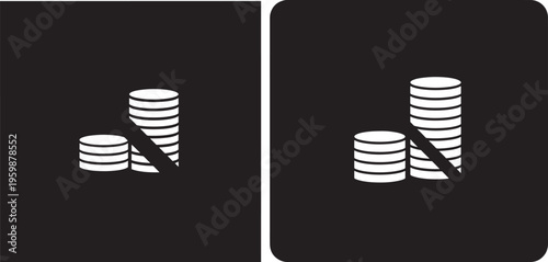 Stack of coins icons with a diagonal strike-through line, signifying financial loss, debt, or prohibition of currency. Represents economic hardship or budget cuts
