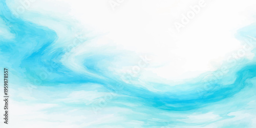 A beautiful abstract watercolor background of a bright blue sky with fluffy white clouds and clear summer sunlight creates a peaceful nature cloudscape