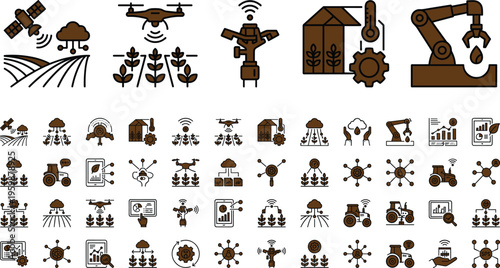 Precision agriculture technology icon set with drones irrigation sensors greenhouse robotics analytics and smart farming