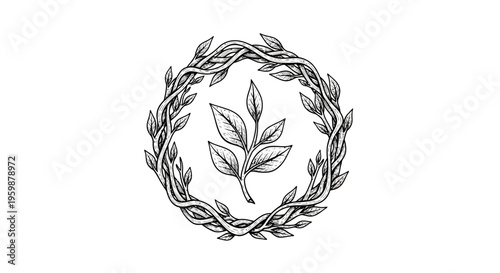 Hand-drawn botanical wreath with central leaf sprig illustration.