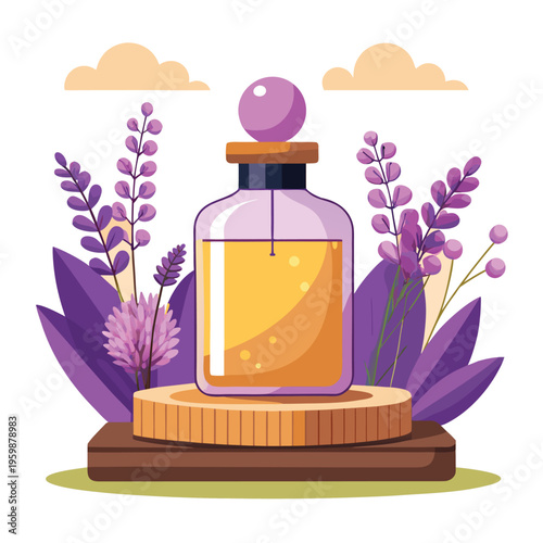 Lavender essential oil bottle on wooden podium, organic perfume glass vial with purple flowers, natural aromatherapy and skincare vector illustration