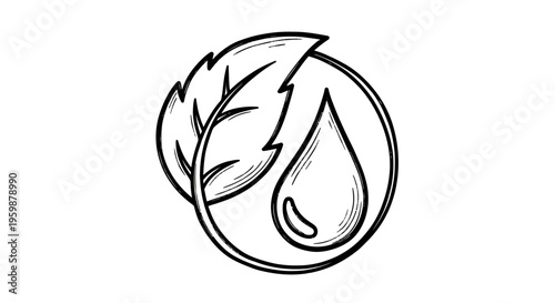 Hand-drawn leaf and water drop icon representing natural essence and organic purity.